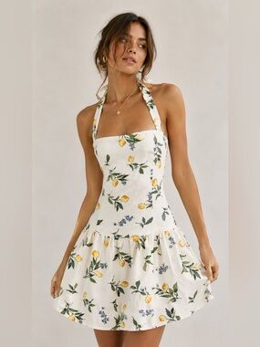 NWT Sim & Sam | L | Halterneck Lemon Print Sundress in White